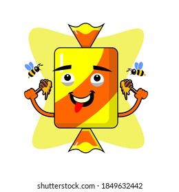 graphic illustration of design of honey candy with bees trying to eat it