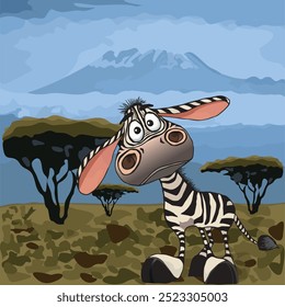 Graphic illustration.  Graphic design. Zebra in Africa. Mount Kilimanjaro.