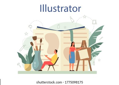 Graphic illustration designer, illustrator concept. Artist drawing picture for book and magazines, digital illustration for web sites and advertising. Creative profession. Isolated vector illustration