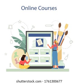 Graphic illustration designer, illustrator online service or platform. Artist drawing for book, web sites and advertising. Online courses. Vector illustration