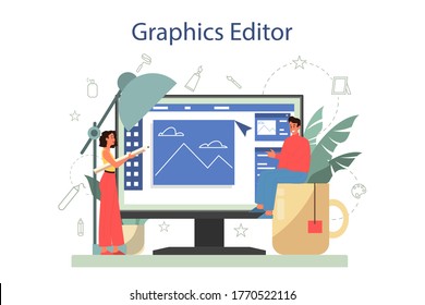 Graphic illustration designer, illustrator online service or platform. Artist drawing for book, web sites and advertising. Online graphics editor. Vector illustration