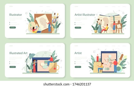 Graphic illustration designer, illustrator web banner or landing page set. Artist drawing picture for book and magazines, digital illustration for web sites and advertising. Vector illustration