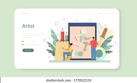 Graphic illustration designer, illustrator web banner or landing page. Artist drawing picture for book and magazines, digital illustration for web sites and advertising. Vector illustration