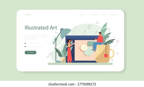 Graphic illustration designer, illustrator web banner or landing page. Artist drawing picture for book and magazines, digital illustration for web sites and advertising. Vector illustration