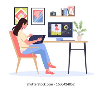 Graphic illustration designer working on the computer. Picture on the device screen. Digital illustration. Creativity concept. Flat illustration vector