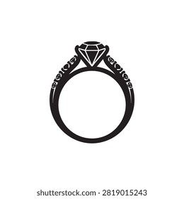 Graphic illustration of diamond engagement ring with gemstone encrusted band in black silhouette style. Isolated on white background for versatile use. Elegant jewelry design element perfect for wedding stationary, engagement announcements, fashion retail assets, luxury brand marketing materials.