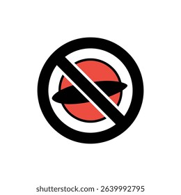 Graphic illustration displaying a 'prohibited' symbol with a black circle and slash over a red oval and black flying saucer. Symbolizing restrictions and safety.