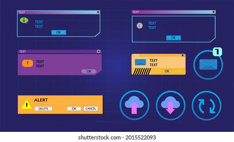Conjunto de ventanas de computadora de estilo ciberpunk y elementos HUD de interfaz futurista. Fondo azul con rejilla vintage