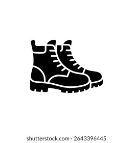 A graphic illustration displays two black lace-up boots in silhouette, featuring prominent lug soles and a design ideal for outdoor activities on a white background.
