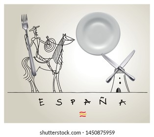 Graphic Illustration of Don Quixot and kitchen cutlery (plate, fork, knives). Spanish cuisine