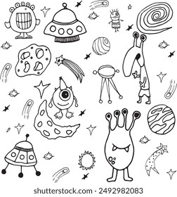 Graphic illustration. Doodles. space, stars, planets, the universe