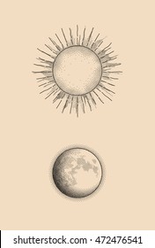 Graphic illustration of dots sun and moon