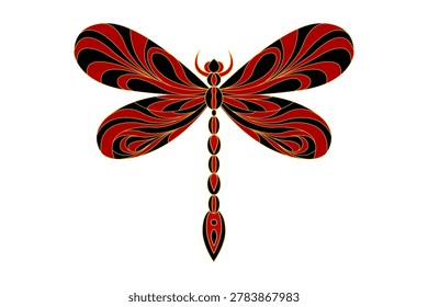 Graphic illustration of a dragonfly in a dark red and black with gold outlines, viewed from a top-down perspective, set against a solid white background.