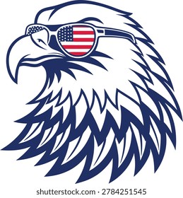 Graphic illustration of an eagle's head wearing sunglasses with American flag lenses, symbolizing American pride and patriotism.