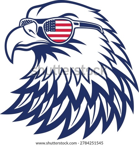 Graphic illustration of an eagle's head wearing sunglasses with American flag lenses, symbolizing American pride and patriotism.