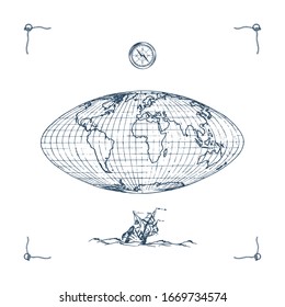 Graphic illustration of Earth globe map with compass and sailing vessel. Drawn sketch in vector. 