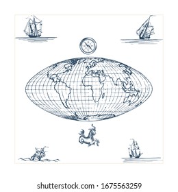 Graphic illustration of Earth globe map with compass and Sea goat.  Drawn sketches of sailing vessels in vector. 