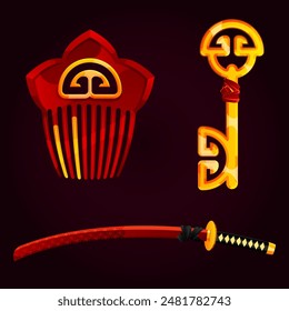 graphic; illustration; eastern; icon; attribute; vector; hairpin; key; design; trophies; brown; progress; gold; katana; sheath; set; souvenir; 