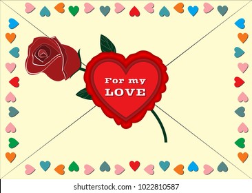 Graphic illustration of an envelope on the theme of the day of all lovers February 14 is Valentine's Day. Design solutions for cards and invitations.