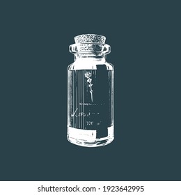 Graphic illustration of essential oil vial in engraving style. Perfume bottle, vector sketch. Used for perfume sticker, spa shop label etc.