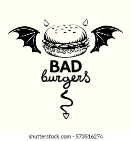 Graphic illustration of evil hamburger with bat wings, devil horns and tail and lettering in vector on white background