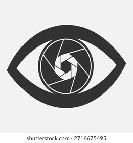 Una ilustración gráfica de un ojo con una apertura de cámara como el iris, que simboliza la visión, la Fotografía y la observación.