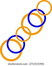 Uma ilustração gráfica apresenta uma cadeia diagonal de anéis interconectados em um fundo branco. Os anéis alternam em cores entre laranja vibrante e azul profundo, criando um padrão visual dinâmico.