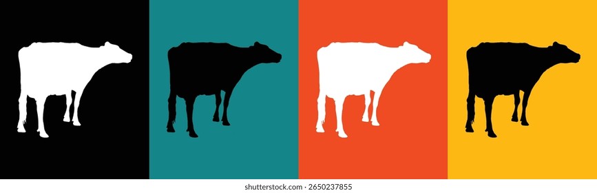 A graphic illustration features four distinct panels, each showcasing a silhouette of a cow. The first panel has a white cow against a black background. 