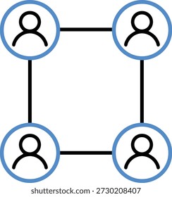 Uma ilustração gráfica apresenta quatro ícones de pessoas negras simplificados. Cada ícone está dentro de um círculo azul sólido. Os círculos são posicionados nos cantos de um quadrado e são conectados por grossas linhas pretas, formando uma rede quadrada. O fundo é branco.