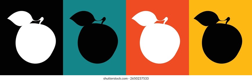 Eine grafische Illustration zeigt vier vertikale Tafeln, die jeweils eine stilisierte Silhouette einer Frucht mit einem Blatt zeigen. 
