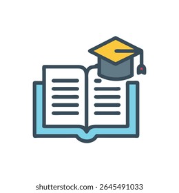 A graphic illustration features a mortarboard graduation cap sitting atop an open book. Flat style, simple design on a White Background.
