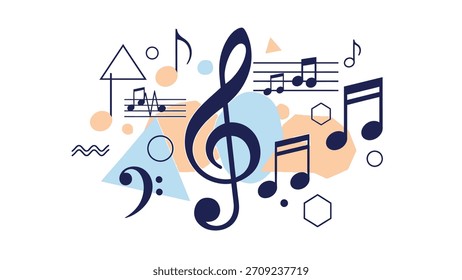 Una ilustración gráfica presenta notas musicales, símbolos clave y Formas geométricas en un diseño minimalista.