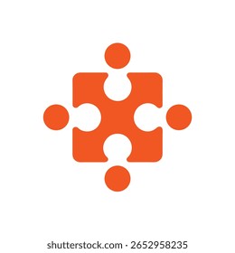 A graphic illustration features an orange puzzle piece against a white background. The puzzle piece is composed of a square shape with four circular pieces. The design is simple and flat 