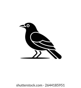 Graphic illustration features a solid black bird in silhouette standing on short legs on the ground, rendered in black and white with distinct details visible.