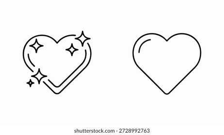 Una ilustración gráfica presenta dos iconos de corazón uno al lado del otro sobre un fondo blanco. El corazón de la izquierda está delineado y lleno de cuatro estrellas brillantes, lo que sugiere que es especial o favorito. El corazón de la derecha es un contorno simple y sin adornos de un corazón, que representa un estado básico o no seleccionado. Ambos iconos se representan en un estilo de arte lineal limpio y minimalista.