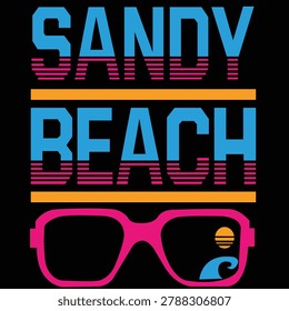 A graphic illustration features the words SANDY BEACH in a retro, stylized font. Below the text, a pair of pink sunglasses reflects a sunset over a wave.