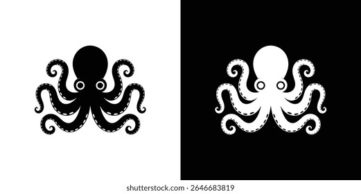 Graphic illustration featuring a black octopus silhouette on a white background, contrasted with a white octopus on a black background, showcasing both positive and negative space.