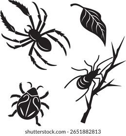 Uma ilustração gráfica com silhuetas pretas de uma aranha, um besouro, uma formiga em um galho e uma folha, todas isoladas em um plano de fundo branco.