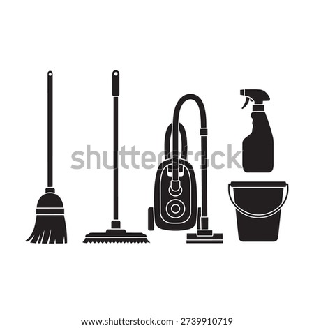A graphic illustration featuring black silhouettes of essential household cleaning tools, including a broom, mop, vacuum cleaner, spray bottle, and a bucket, arranged neatly.