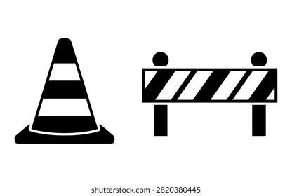 A graphic illustration featuring construction cones and a barrier, presented as a bold black silhouette against a white background.