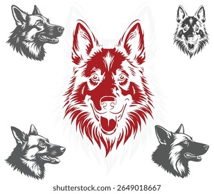 A graphic illustration featuring dog heads, including German Shepherds and a wolf, in gray and a central red design.