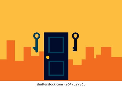 A graphic illustration featuring a door and two keys set against a vibrant urban skyline, symbolizing opportunities, choices, and aspirations in an abstract artistic representation.