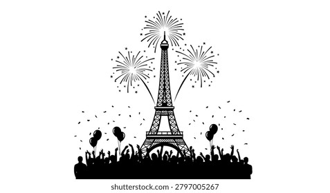 Graphic illustration featuring the Eiffel Tower in Paris surrounded by fireworks and a silhouette of a crowd celebrating with balloons.