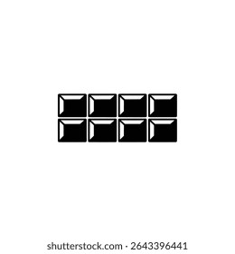 Ilustração gráfica com oito quadrados pretos idênticos dispostos em duas linhas perfeitamente alinhadas em um fundo branco e limpo, transmitindo simetria e simplicidade.