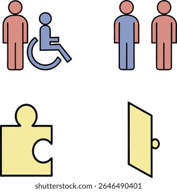 Una ilustración gráfica con cuatro iconos distintos sobre un fondo blanco. La parte superior izquierda muestra dos figuras, una en rosa y otra en azul, con un icono de silla de ruedas azul al lado de la figura azul.  
