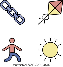 A graphic illustration featuring four distinct icons on a transparent background. In the top left, a light purple chain with three links is shown.  