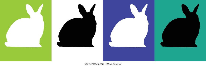 A graphic illustration featuring four distinct panels. The first panel shows a white rabbit silhouette against a lime green background.