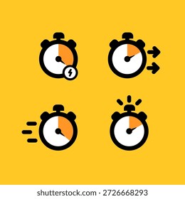 Una ilustración gráfica con cuatro iconos de cronómetro distintos, cada uno representando un tiempo transcurrido o cuenta atrás diferente, con un fondo amarillo vibrante