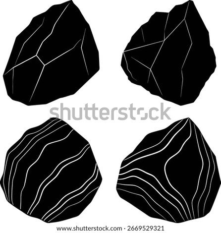 A graphic illustration featuring four distinct black rocks, each rendered with intricate lines suggesting texture, cracks, and crystalline structures.