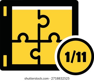 A graphic illustration featuring four interconnected yellow puzzle pieces forming a complete square, 